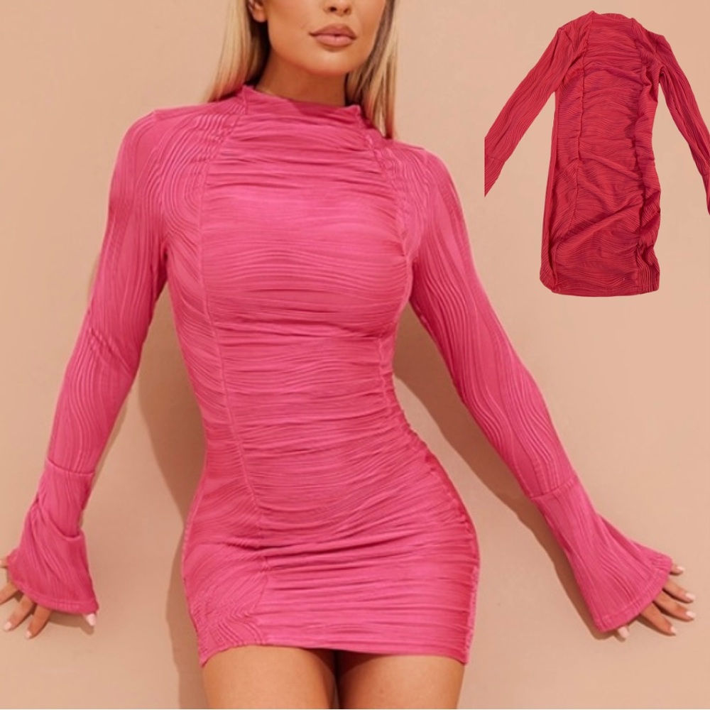 PLT: Hot Pink Crinkle Ruched Flare Sleeve Bodycon Dress